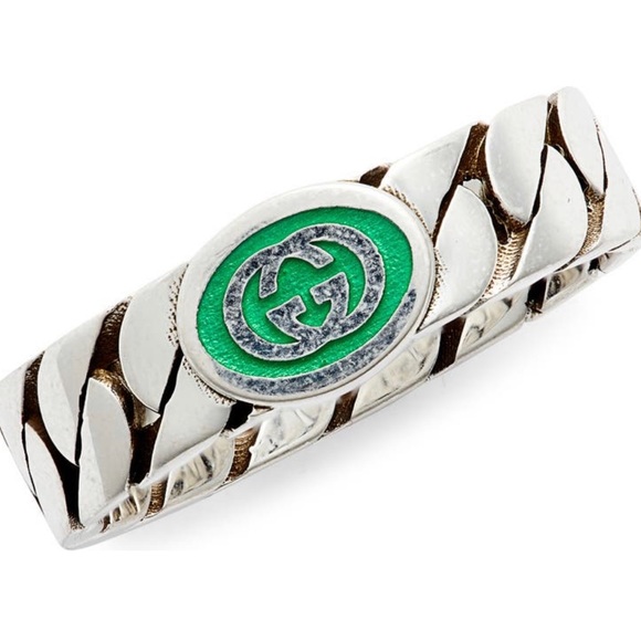 GUCCI- “G” Sterling Silver, Green Enamel, Interlocking Band Ring, Size 7.5 - Picture 1 of 15